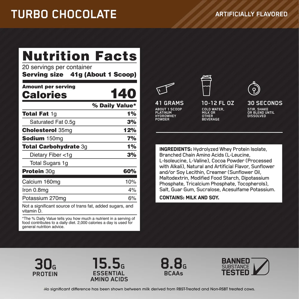 Nutrition label for PLATINUM HYDROWHEY™, Turbo Chocolate