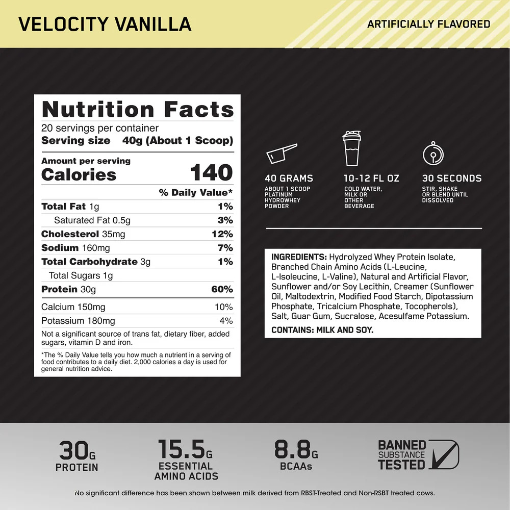 Nutrition label for PLATINUM HYDROWHEY™, Velocity Vanilla