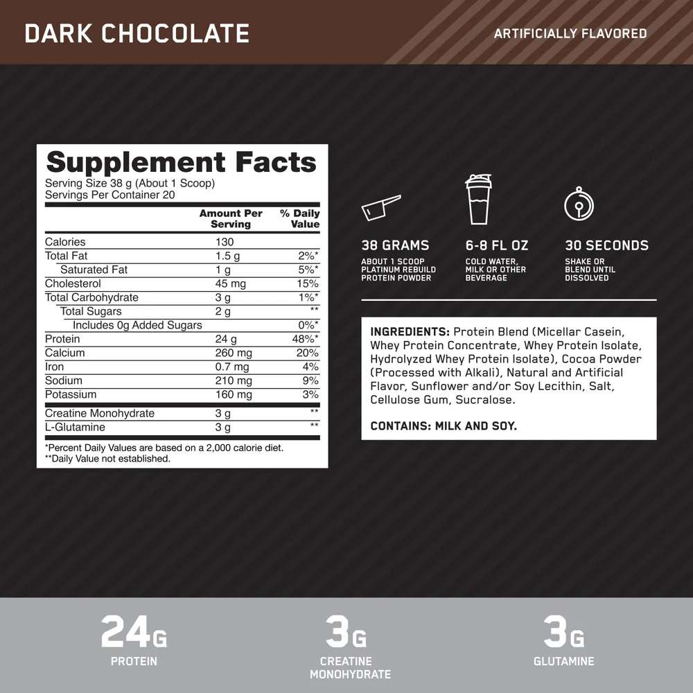 Nutrition label for Platinum Rebuild, Dark Chocolate
