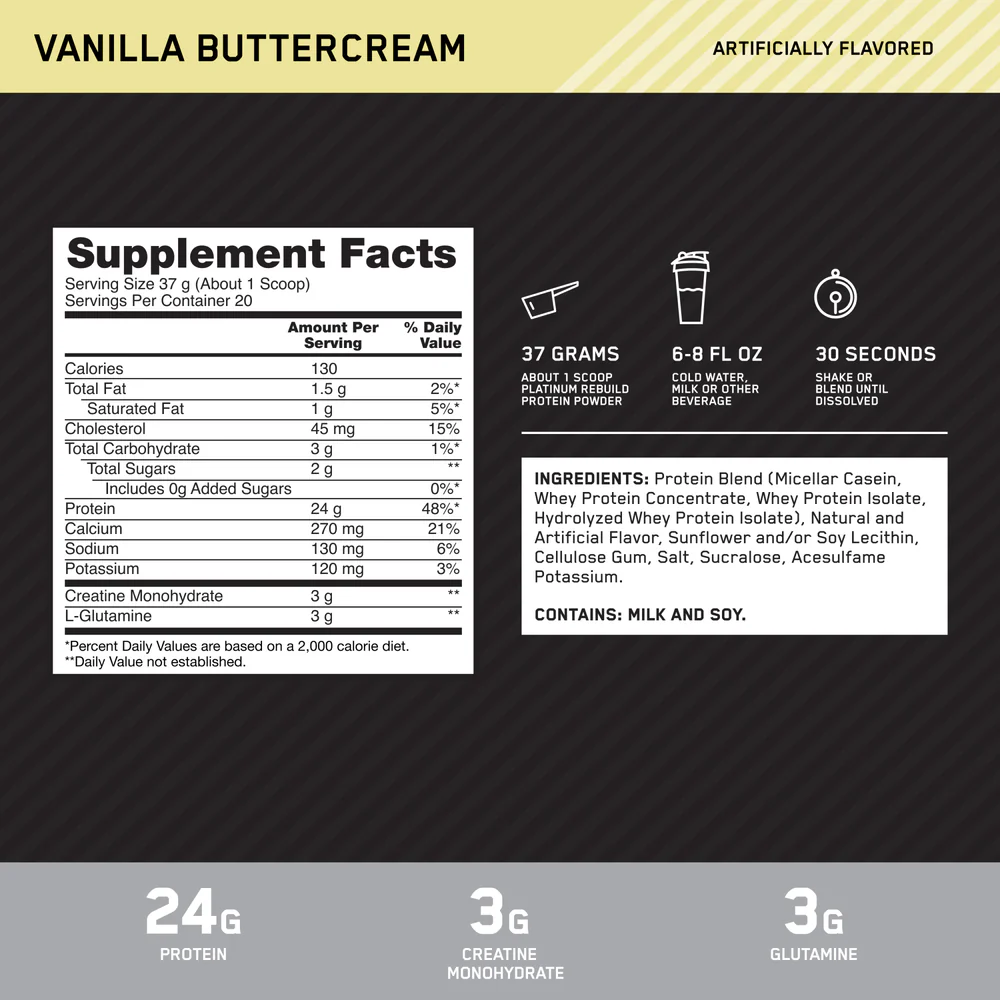 Nutrition label for Platinum Rebuild, Vanilla Buttercream