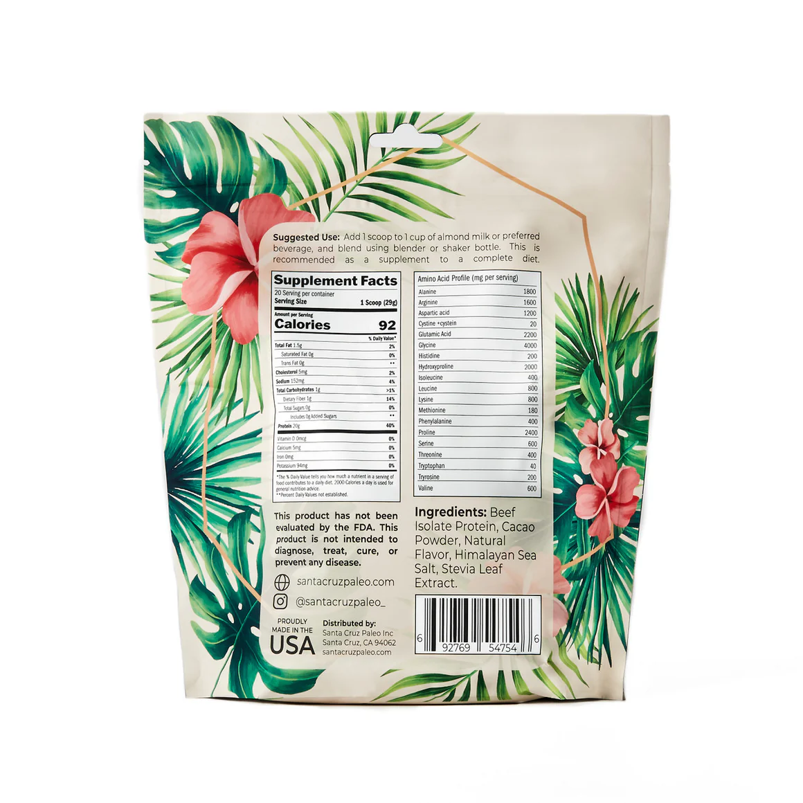 Nutrition label for Chocolate Beef Isolate Protein