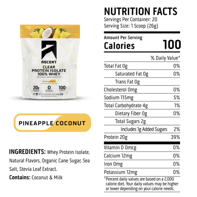 Nutrition label for Pineapple Coconut Clear Whey Protein Isolate