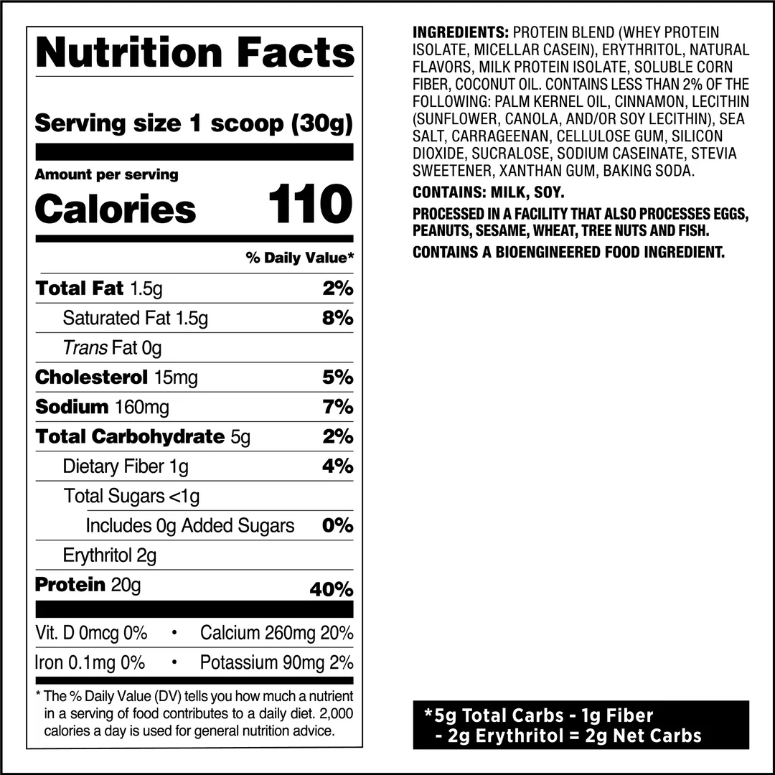 Nutrition label for Cinnamon Crunch Protein Powder