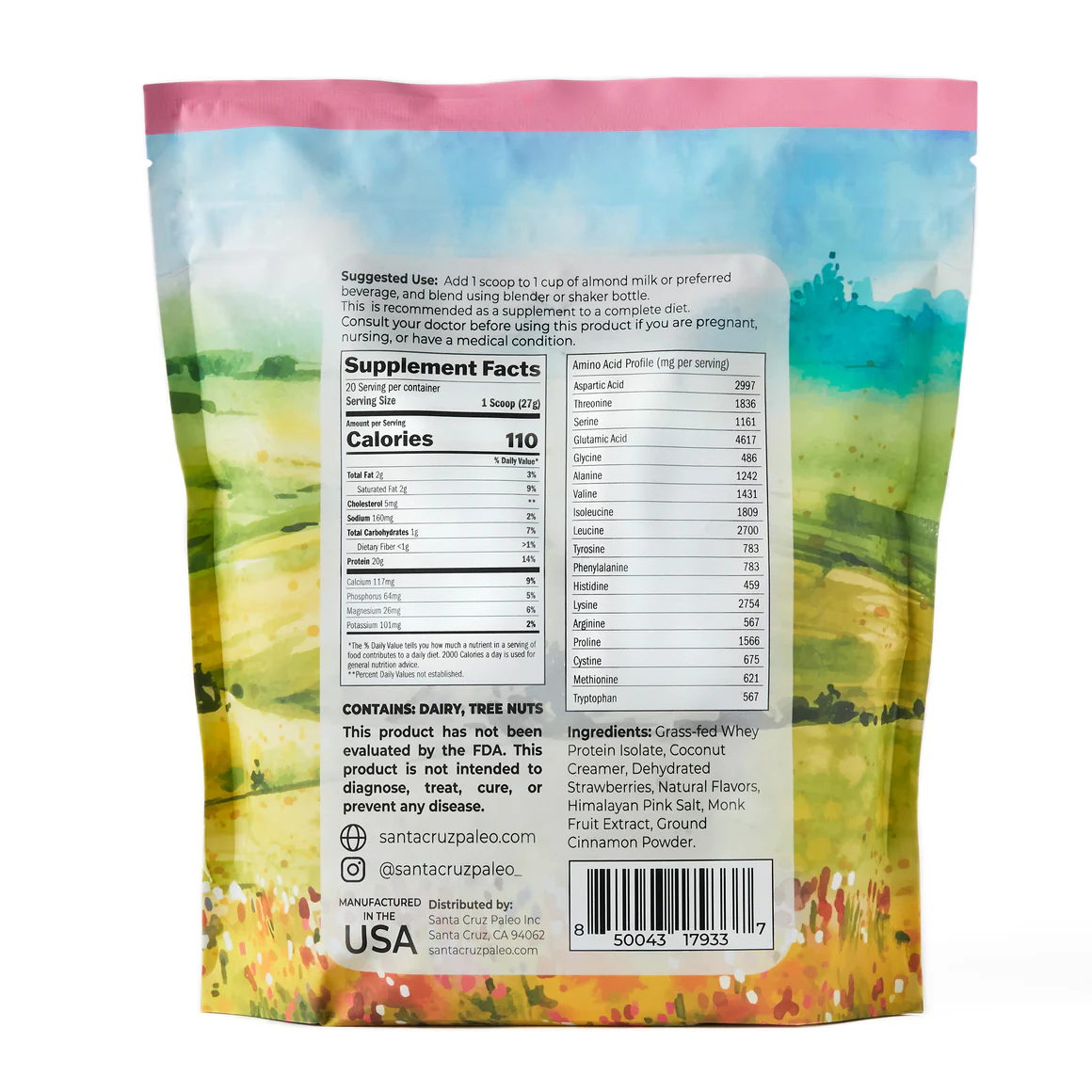 Nutrition label for Grass-Fed Whey Protein, Strawberry