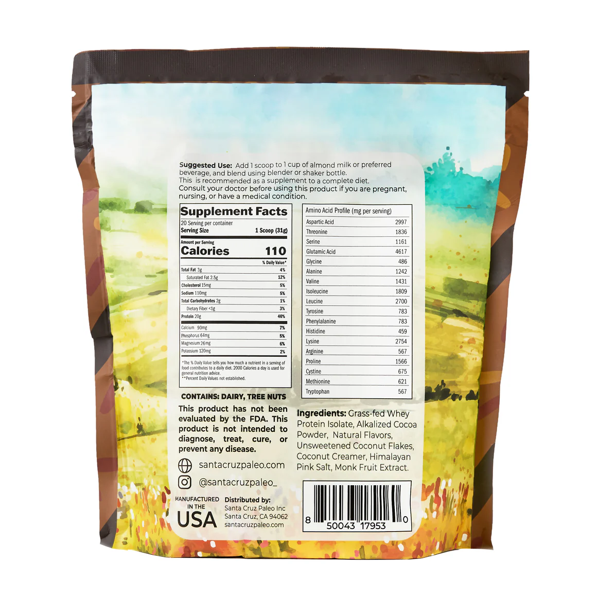 Nutrition label for Grass-Fed Whey Protein, Coconut Cookie