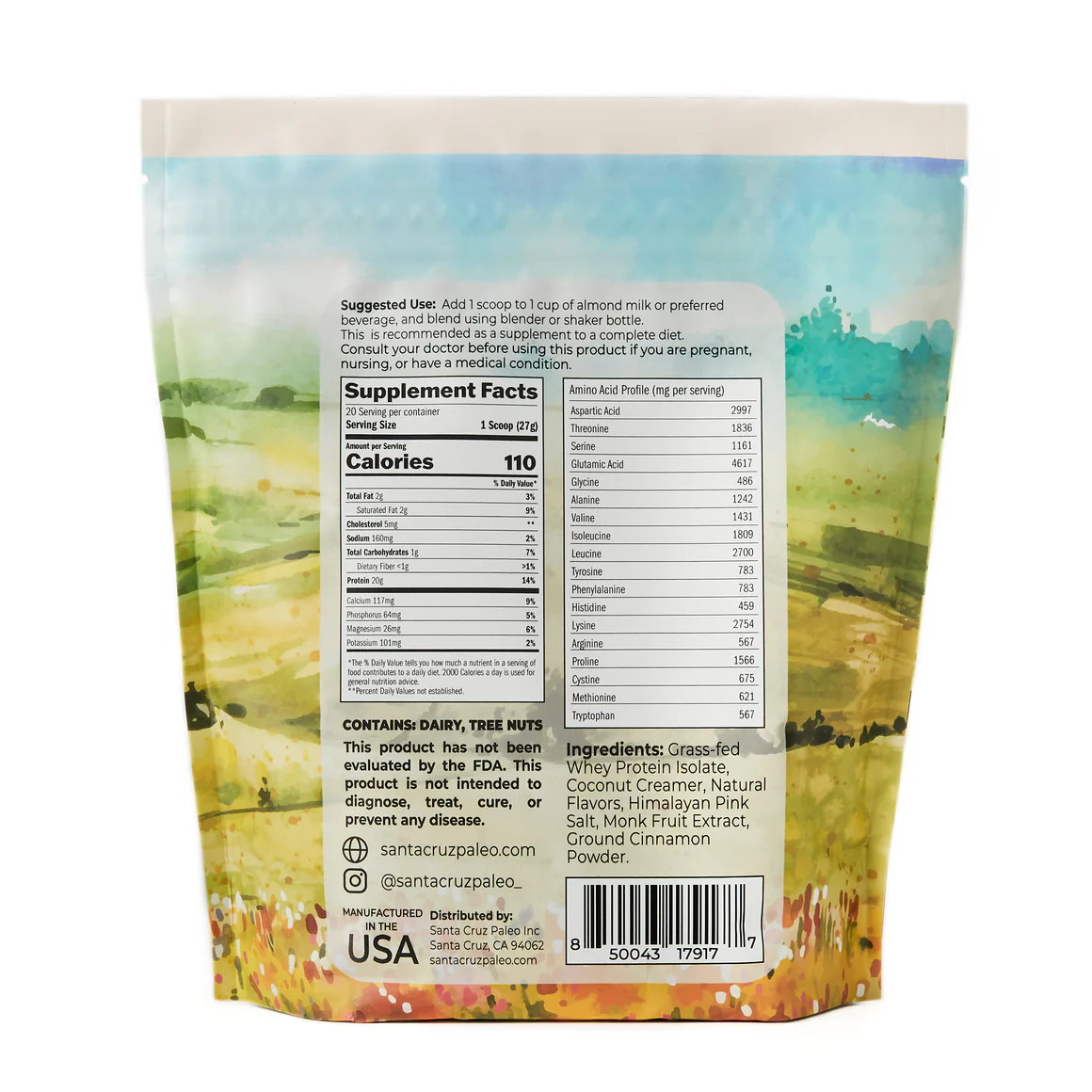 Nutrition label for Grass-Fed Whey Protein, Vanilla