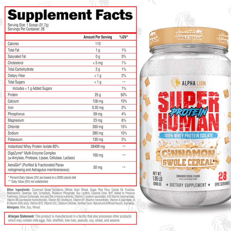Nutrition label for Superhuman Protein, Cinnamon Swole Cereal
