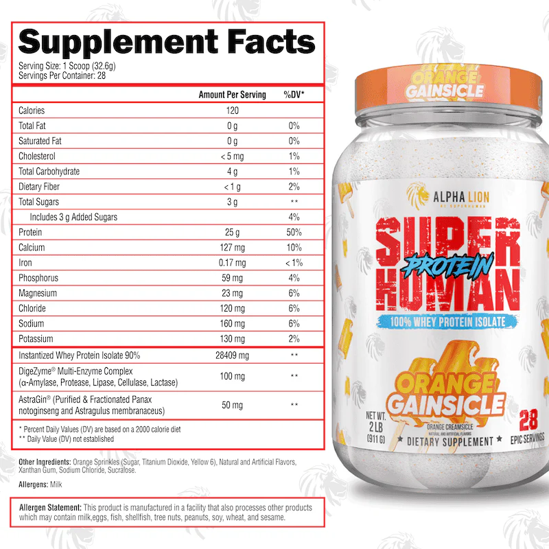 Nutrition label for Superhuman Protein, Orange Gainsicle