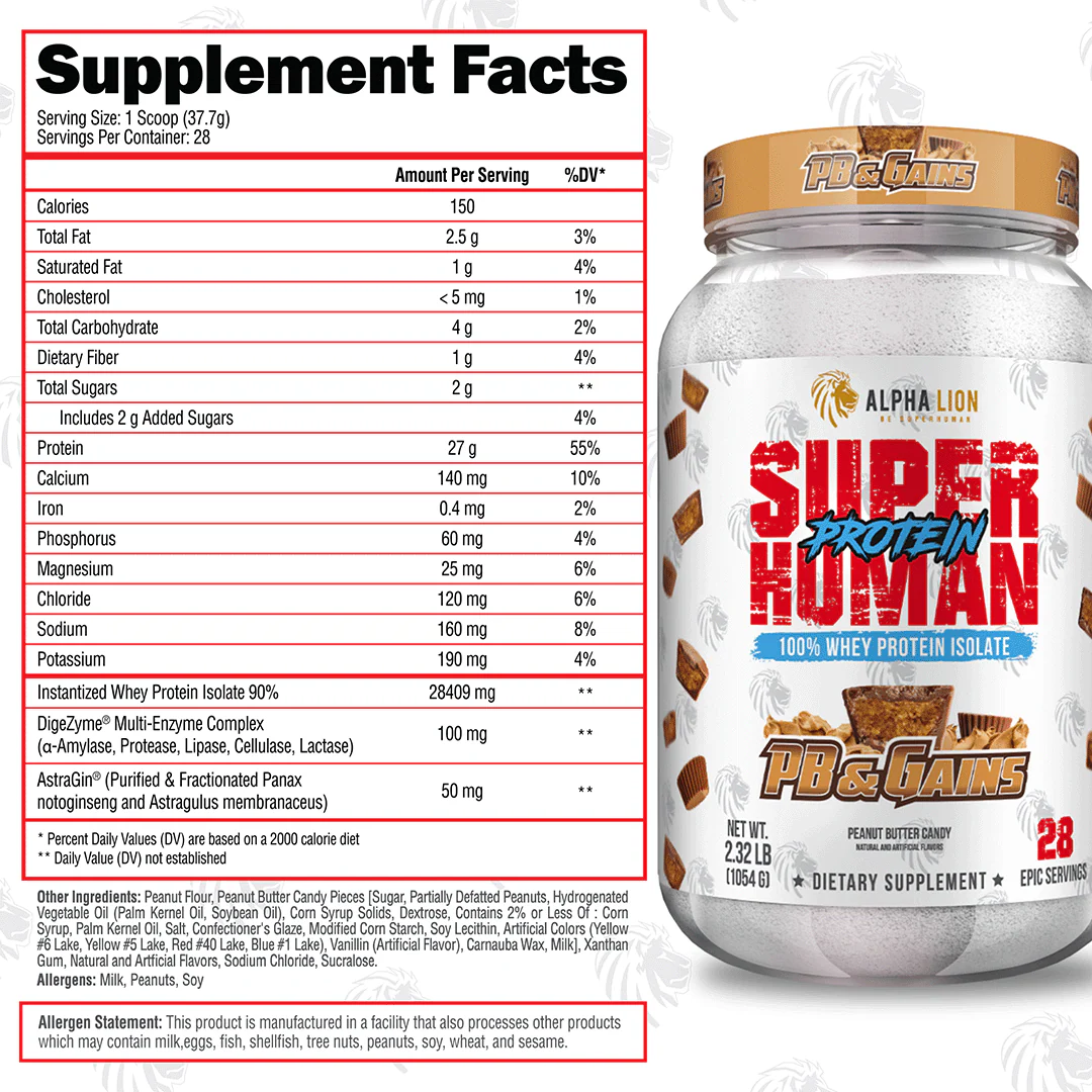 Nutrition label for Superhuman Protein, PB & Gains