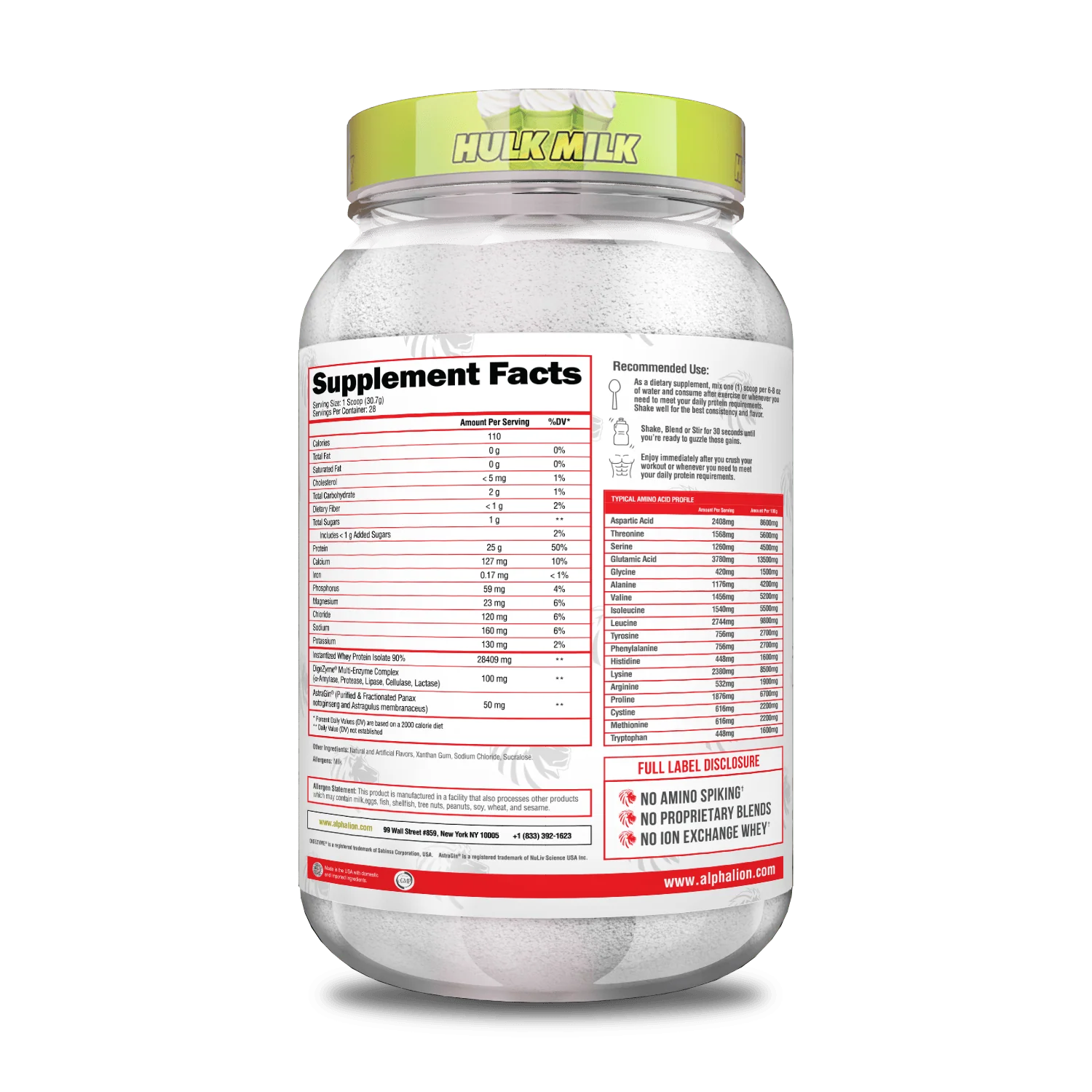 Nutrition label for Superhuman Protein, Hulk Milk