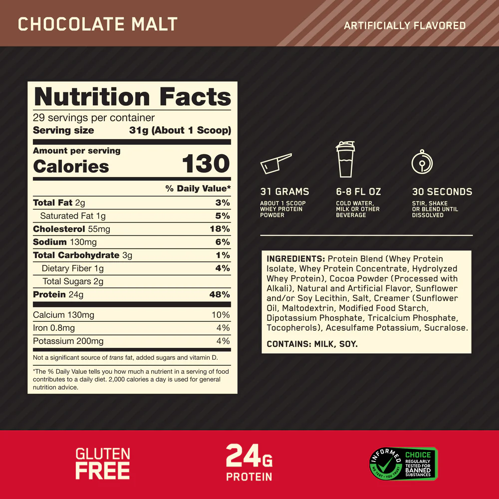 Nutrition label for GOLD STANDARD 100% WHEY™, Chocolate Malt