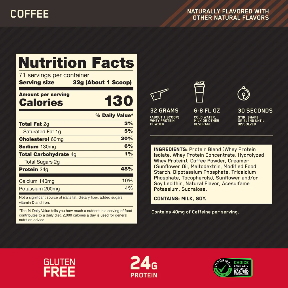 Nutrition label for GOLD STANDARD 100% WHEY™, Coffee