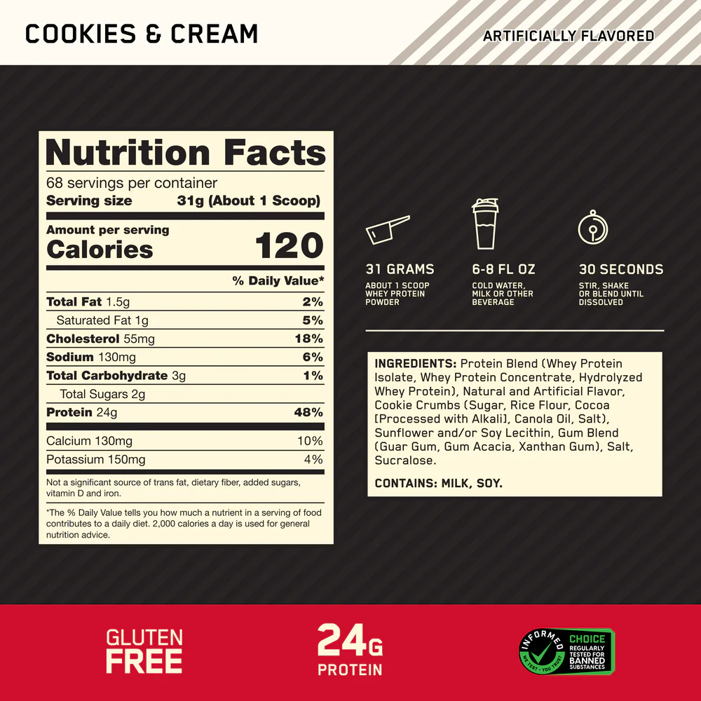 Nutrition label for GOLD STANDARD 100% WHEY™, Cookies & Cream