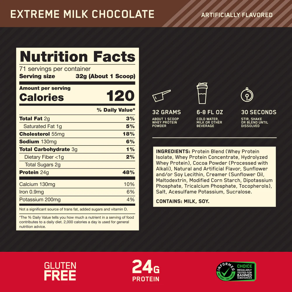 Nutrition label for GOLD STANDARD 100% WHEY™, Extreme Milk Chocolate
