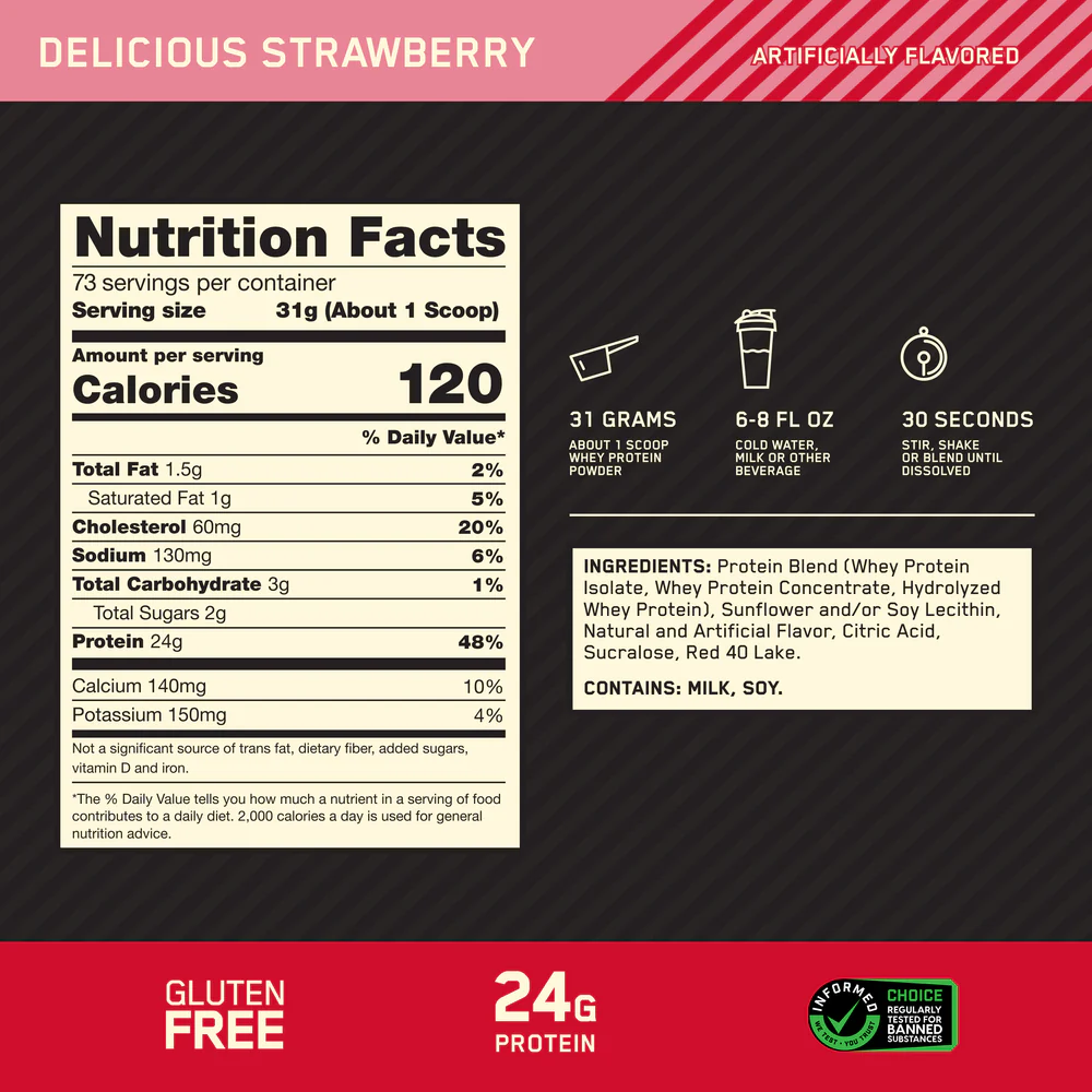 Nutrition label for GOLD STANDARD 100% WHEY™, Delicious Strawberry