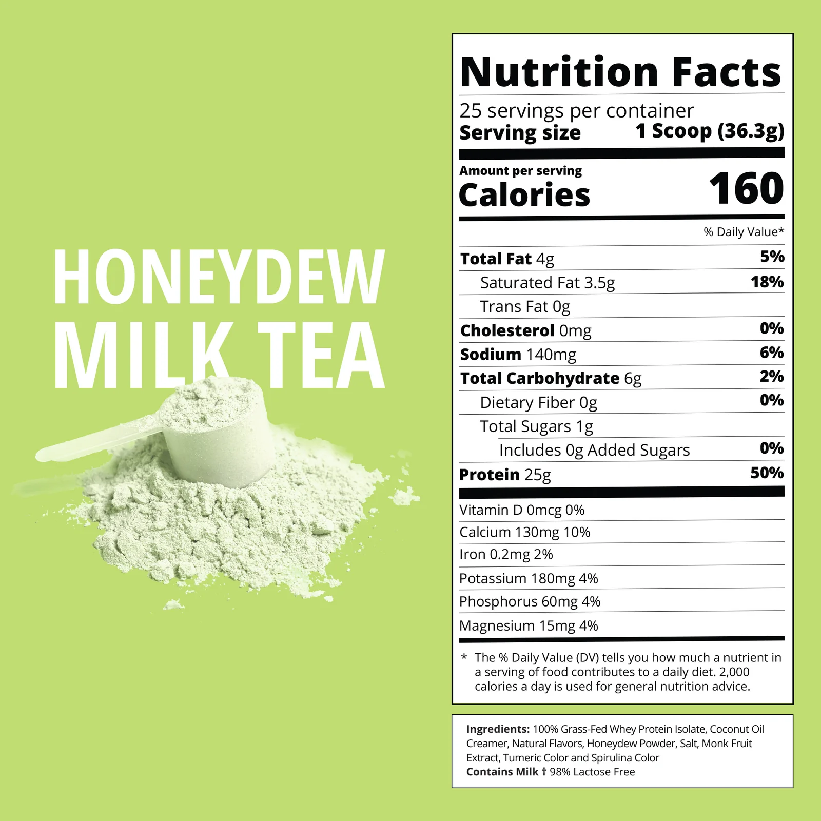 Nutrition label for Honeydew Milk Tea Whey Protein