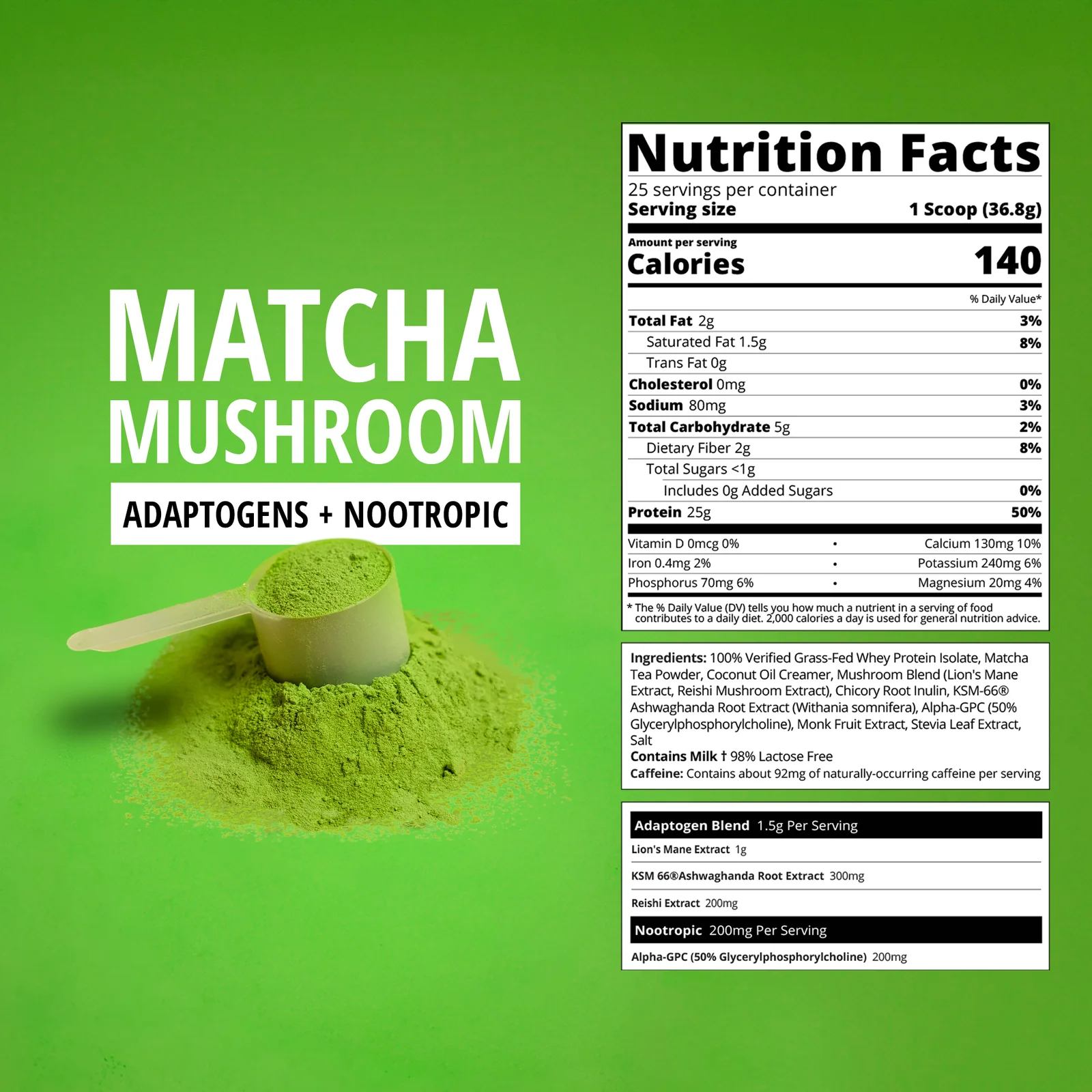Nutrition label for Matcha Mushroom Latte Whey Protein