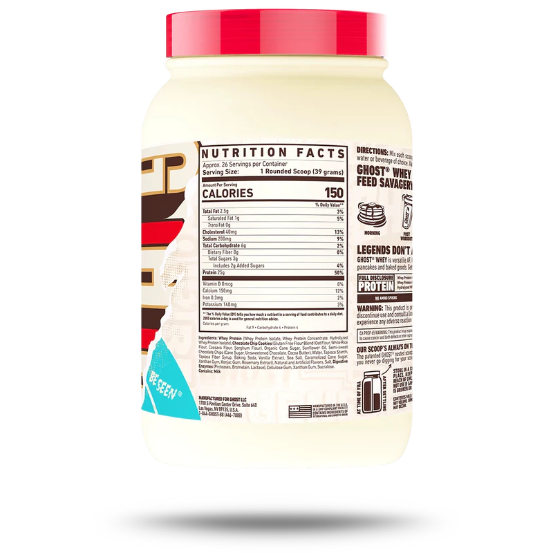 Nutrition label for Ghost Whey, Chocolate Chip Cookies