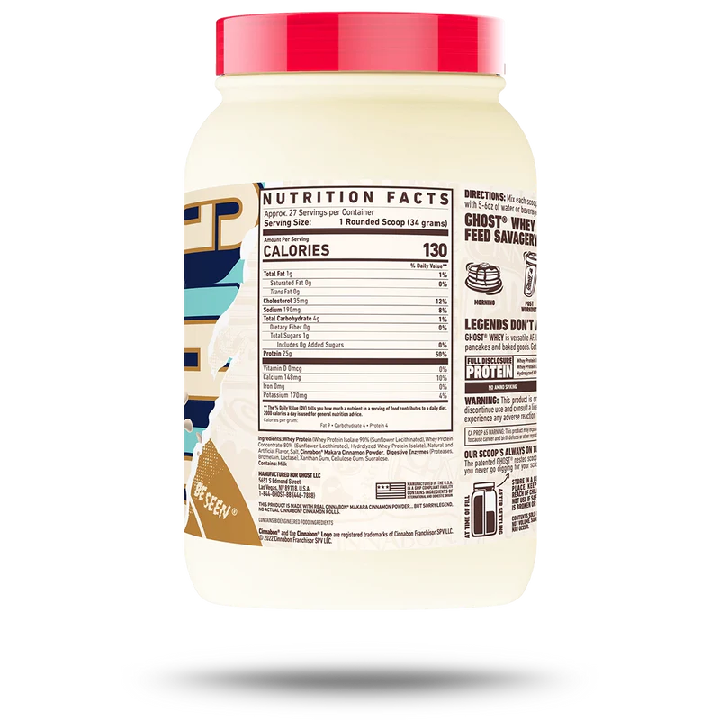 Nutrition label for Ghost Whey, Cinnabon®