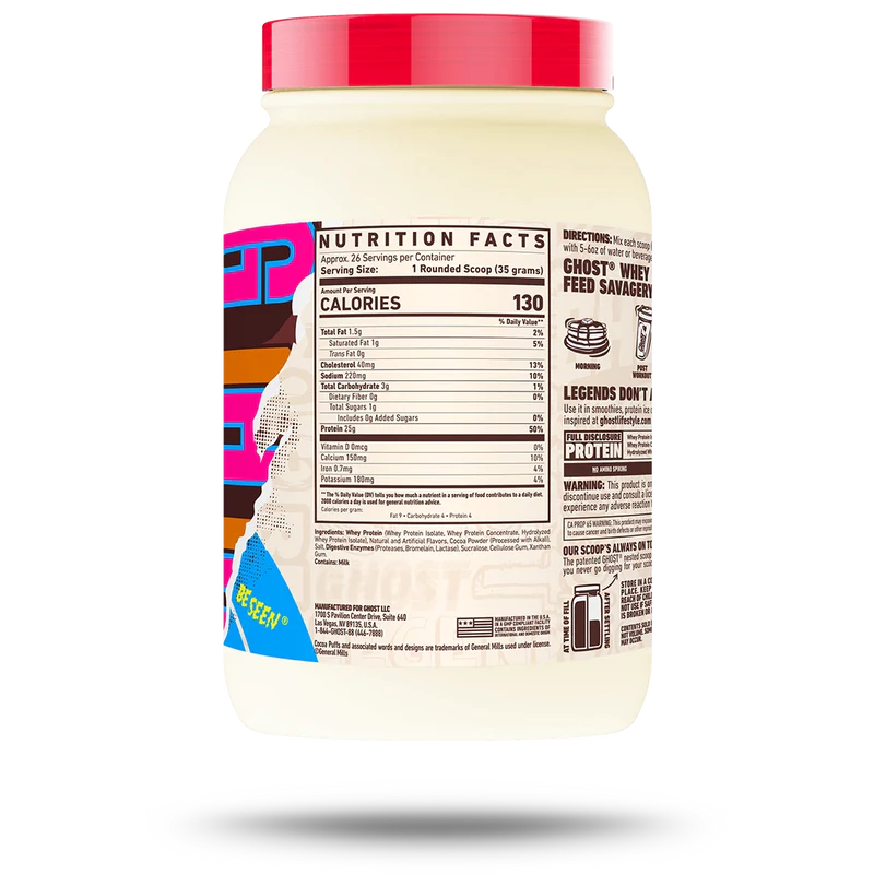 Nutrition label for Ghost Whey, Cocoa Puffs™ Cereal Milk®