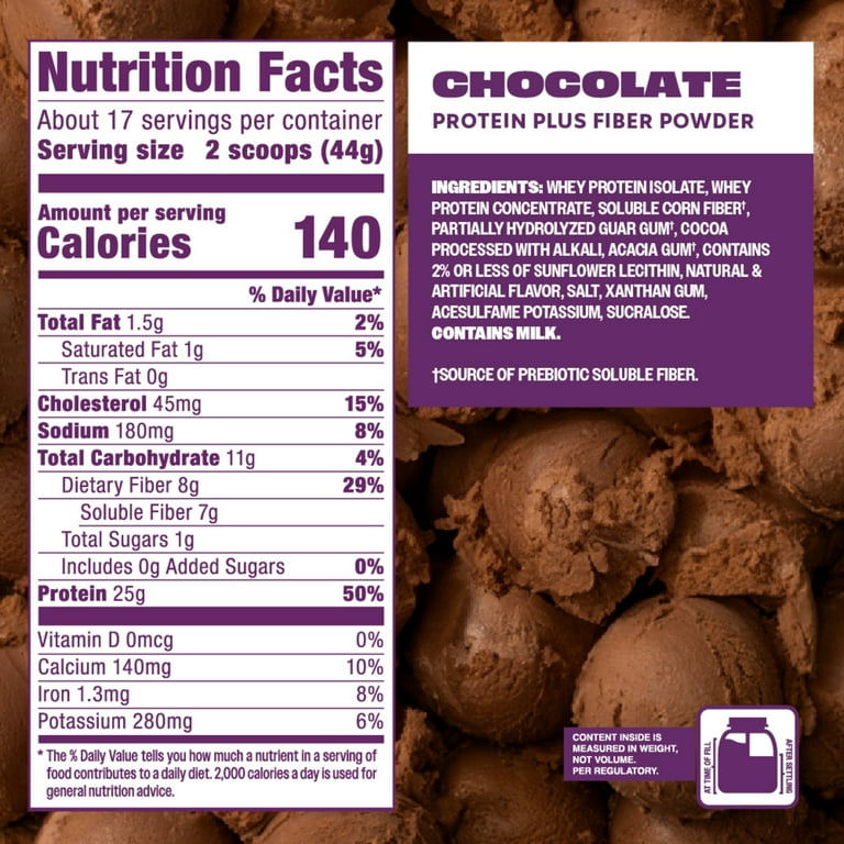 Nutrition label for Chocolate Protein Plus Fiber Powder