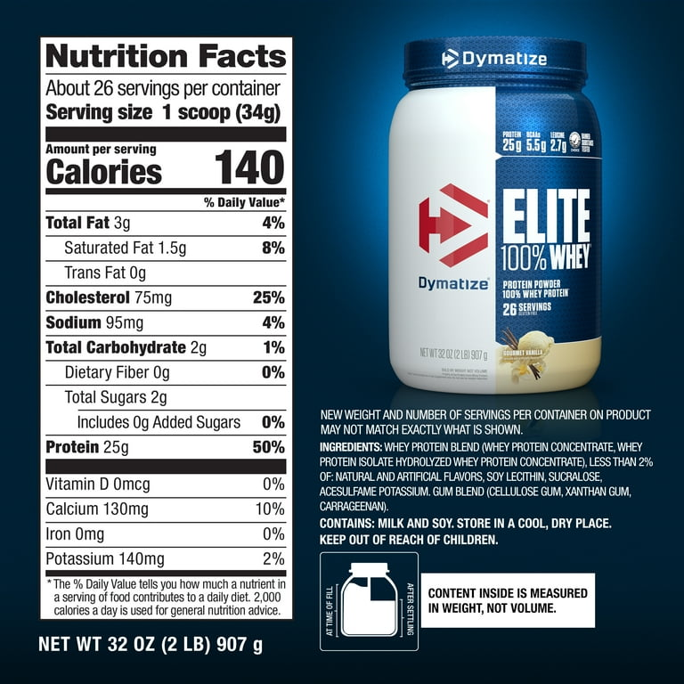 Nutrition label for Elite 100% Whey, Gourmet Vanilla