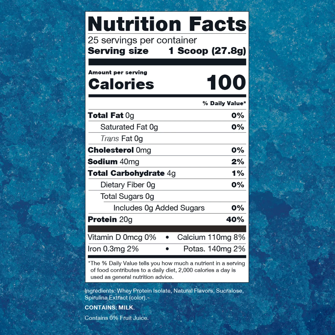 Nutrition label for Clear Whey Protein, Blue Raspberry