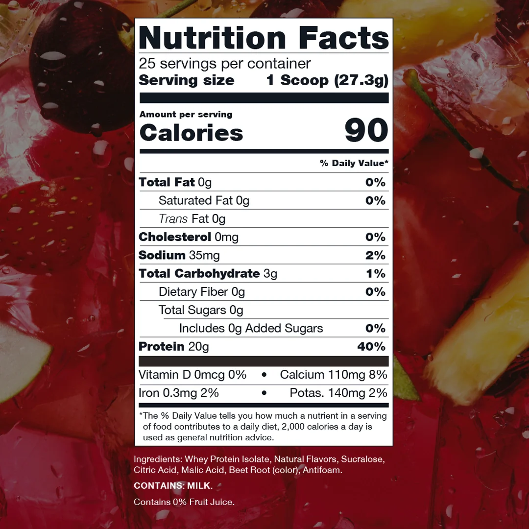 Nutrition label for Clear Whey Protein, Fruit Punch