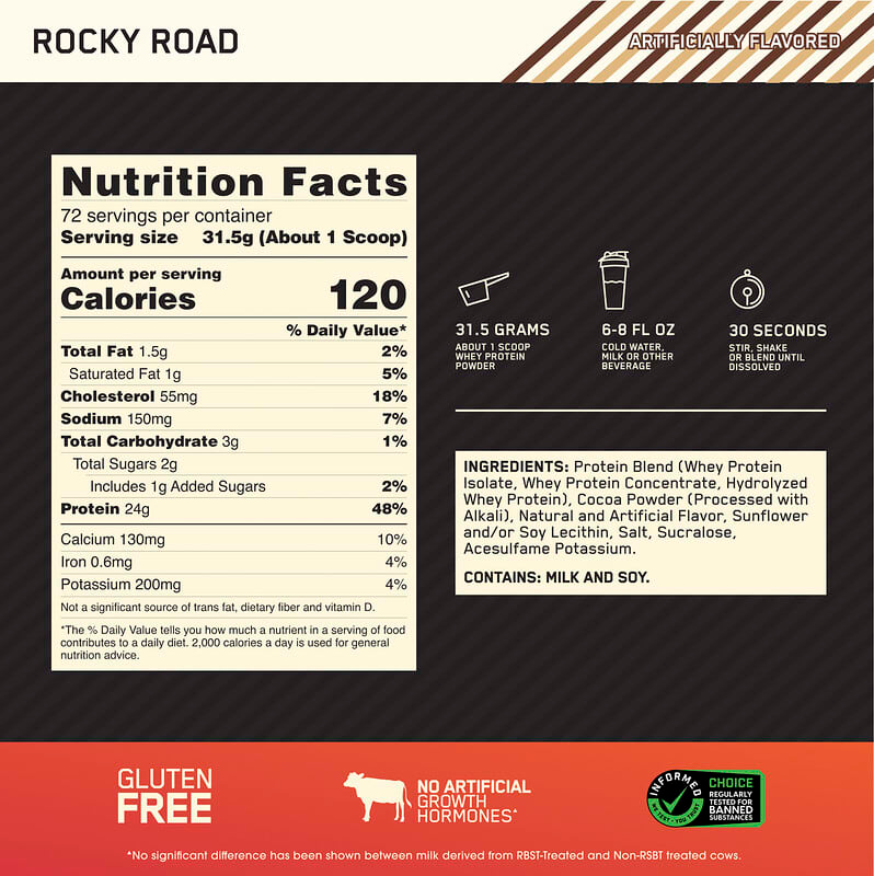 Nutrition label for GOLD STANDARD 100% WHEY™, Rocky Road