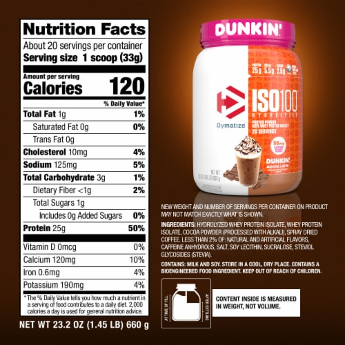 Nutrition label for ISO100, Dunkin'™ Mocha Latte
