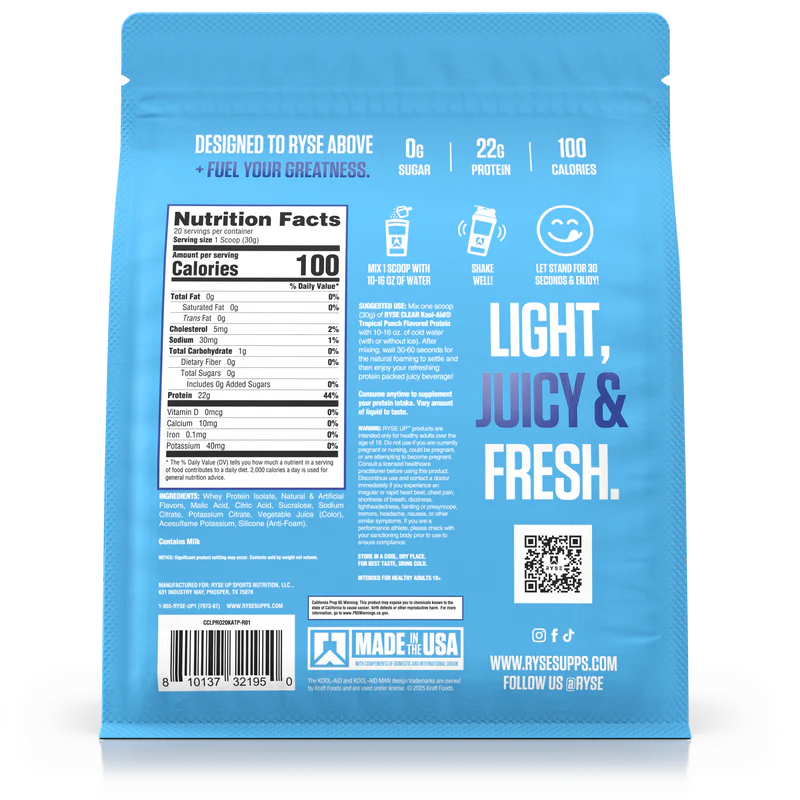 Nutrition label for Clear Protein, Kool-Aid™ Tropical Punch