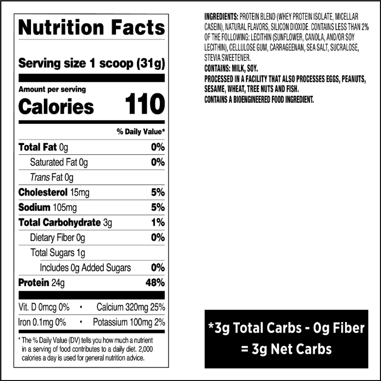 Nutrition label for Vanilla Milkshake Protein Powder