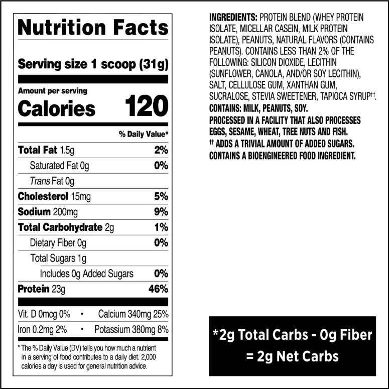 Nutrition label for Peanut Butter Protein Powder