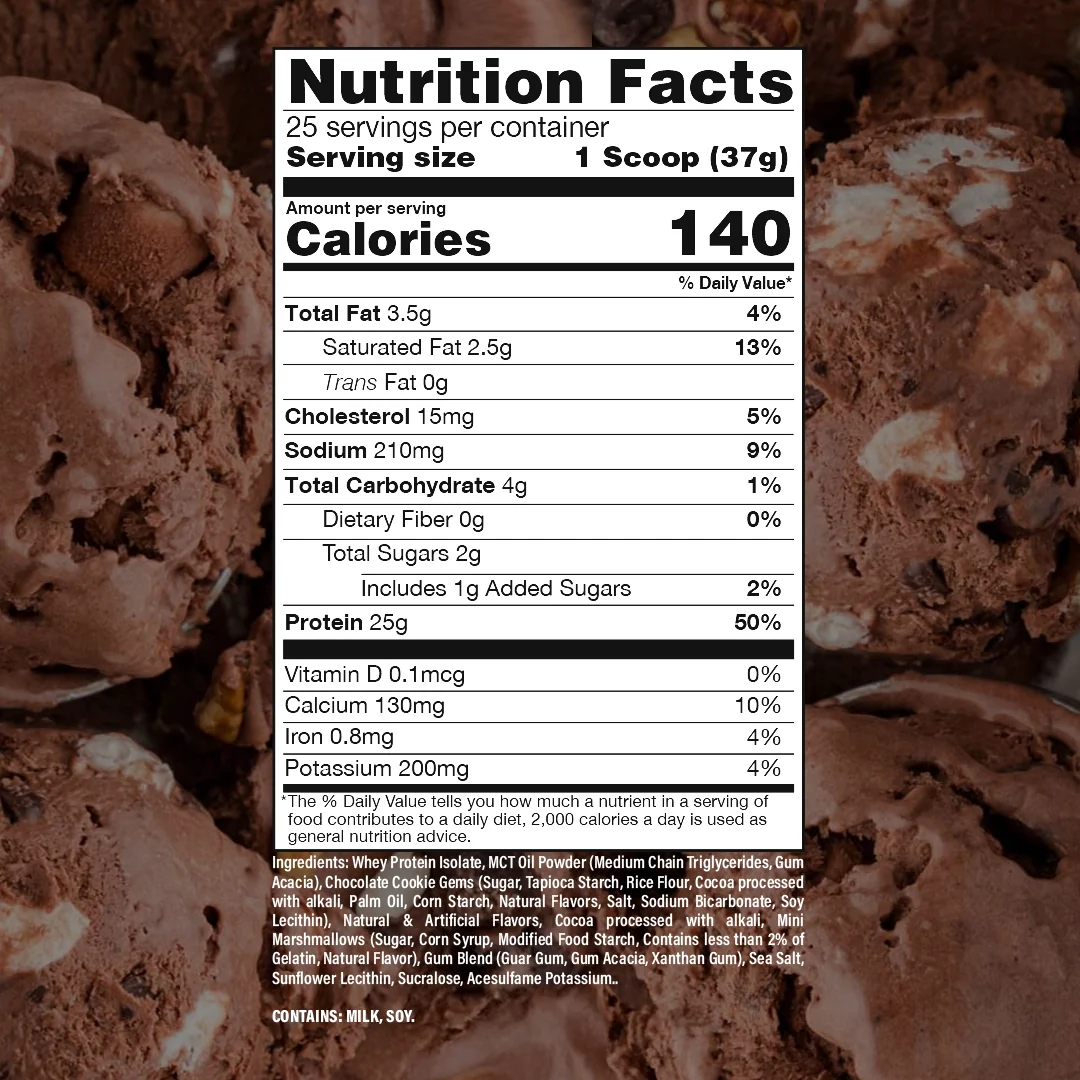 Nutrition label for BUM Itholate Protein, Rocky Road