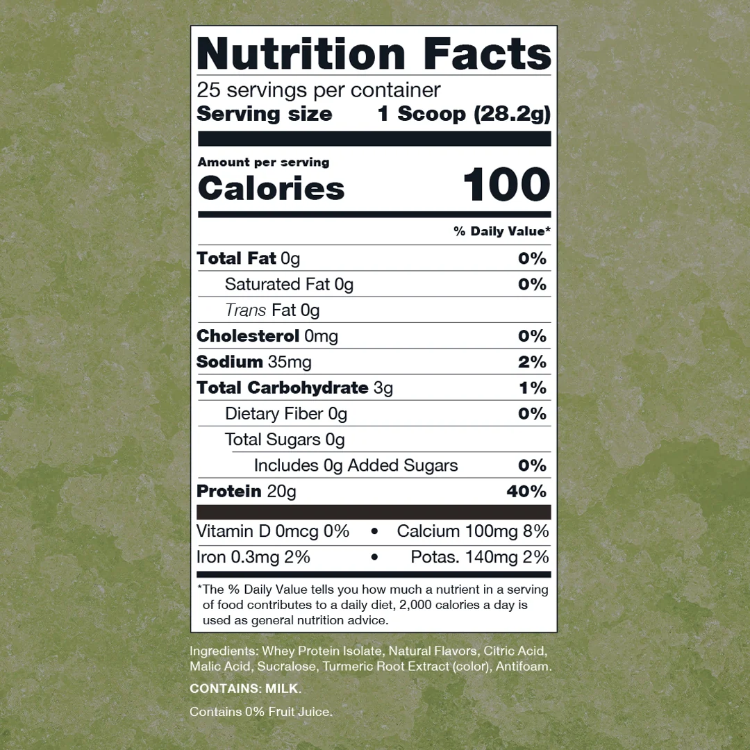 Nutrition label for Clear Whey Protein, Sour Citrus Freeze