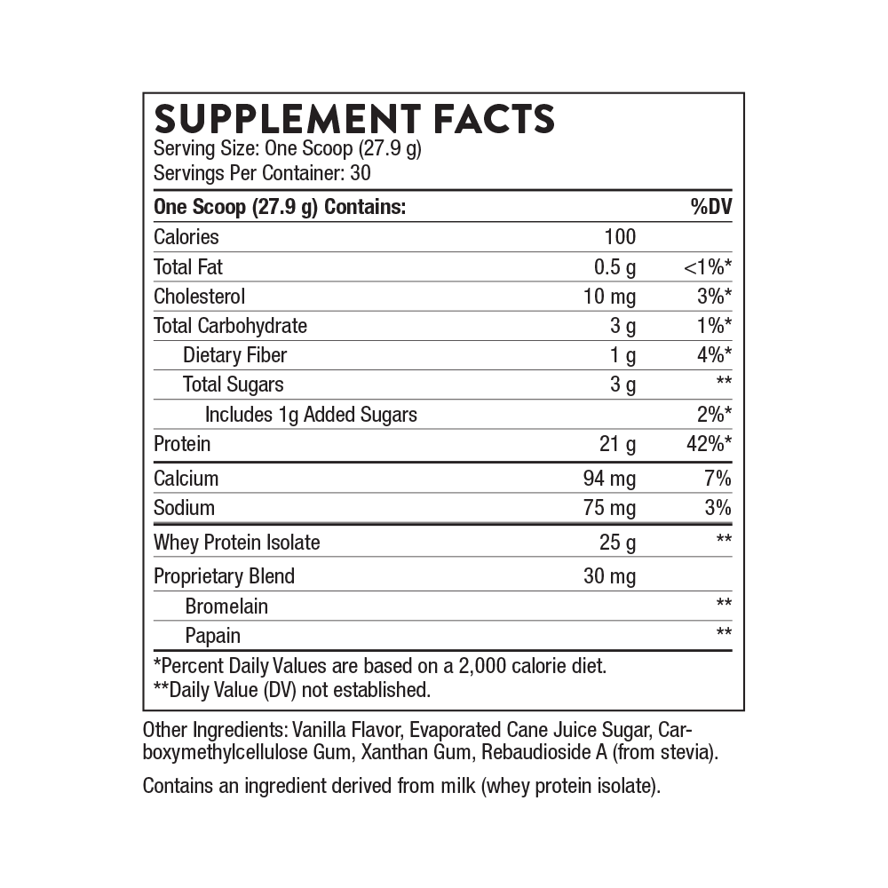Nutrition label for Whey Protein Isolate - Vanilla