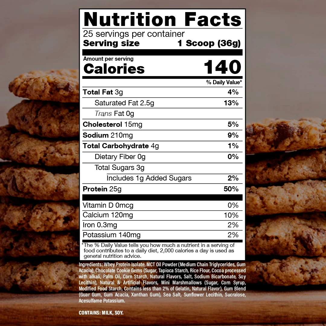 Nutrition label for BUM Itholate Protein, Milk & Cookies