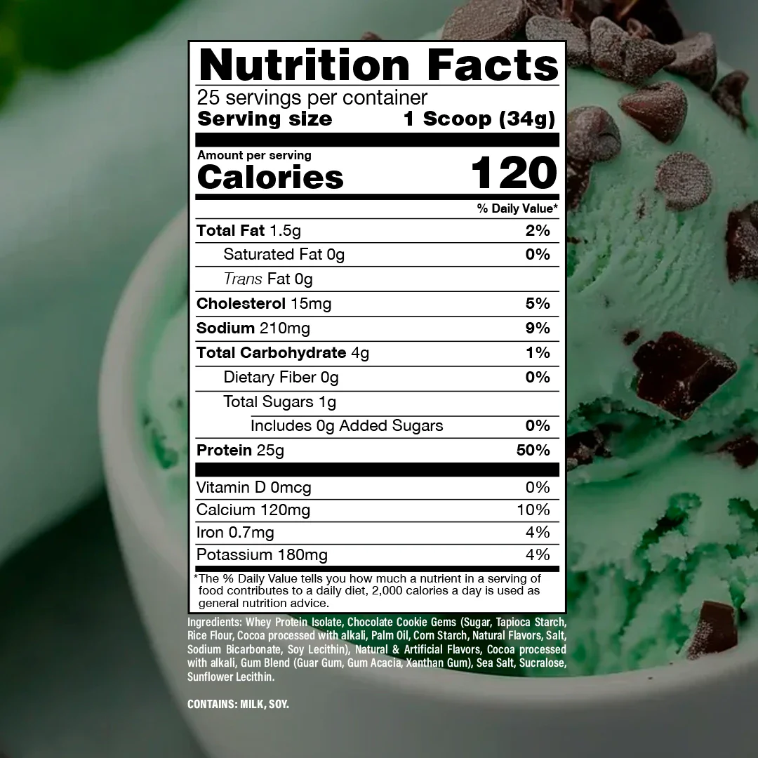 Nutrition label for BUM Itholate Protein, Mint Chip Ice Cream