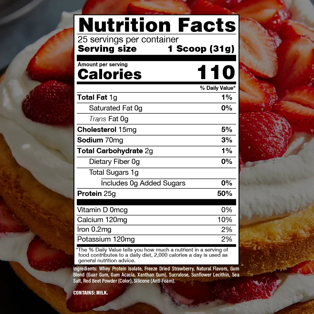 Nutrition label for BUM Itholate Protein, Strawberry Bumcake