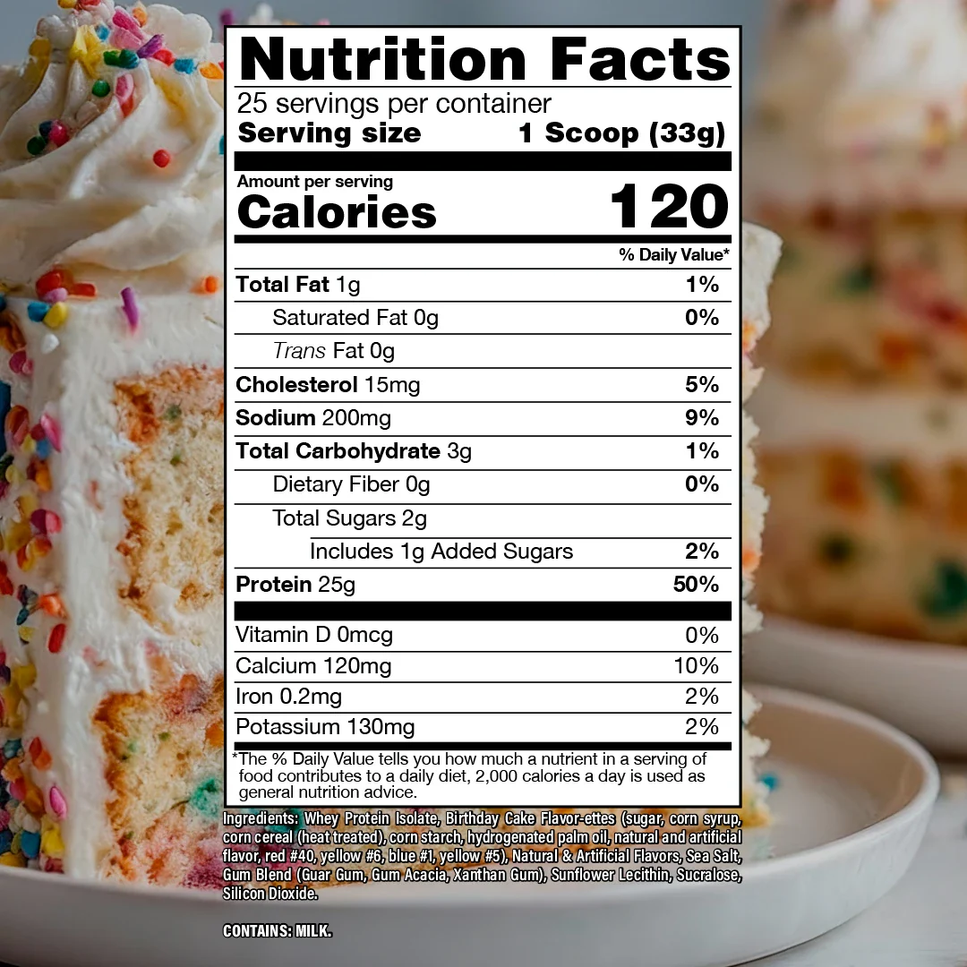 Nutrition label for BUM Itholate Protein, Birthday Cake