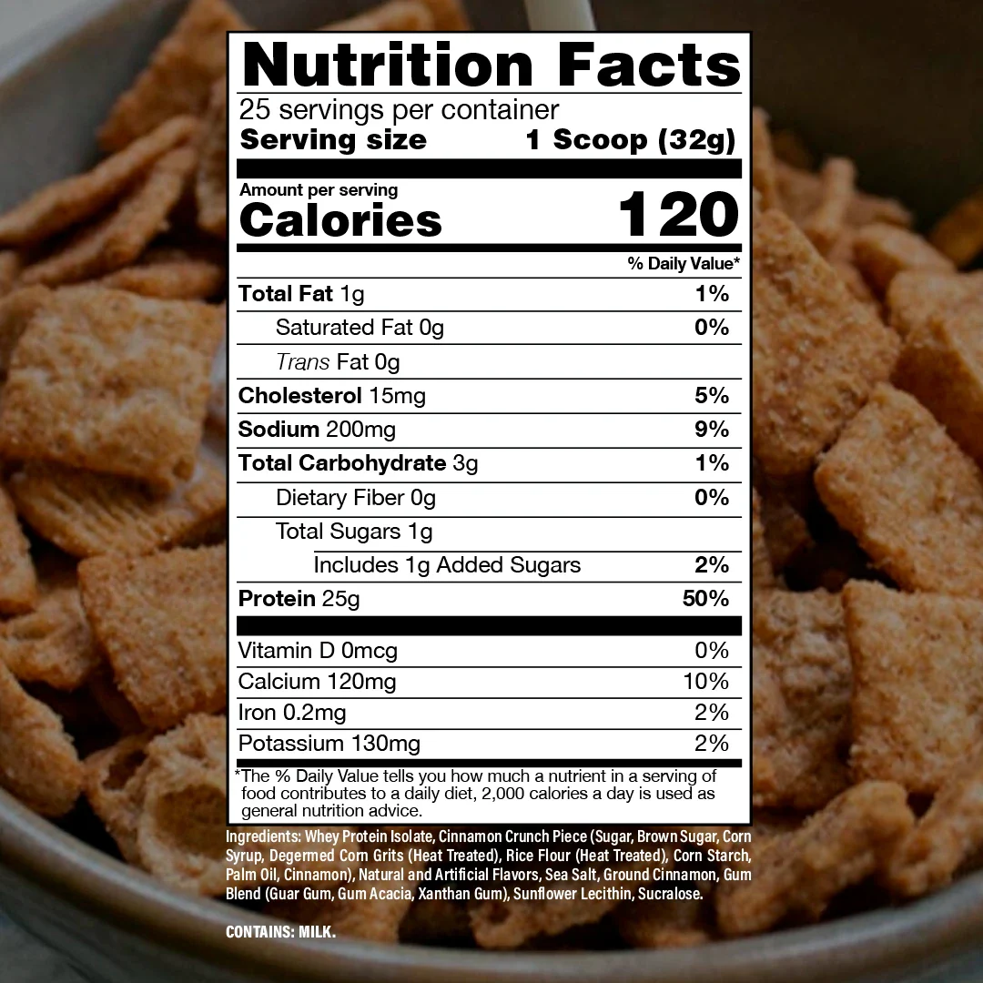 Nutrition label for BUM Itholate Protein, Cinnamon Crunch Cereal
