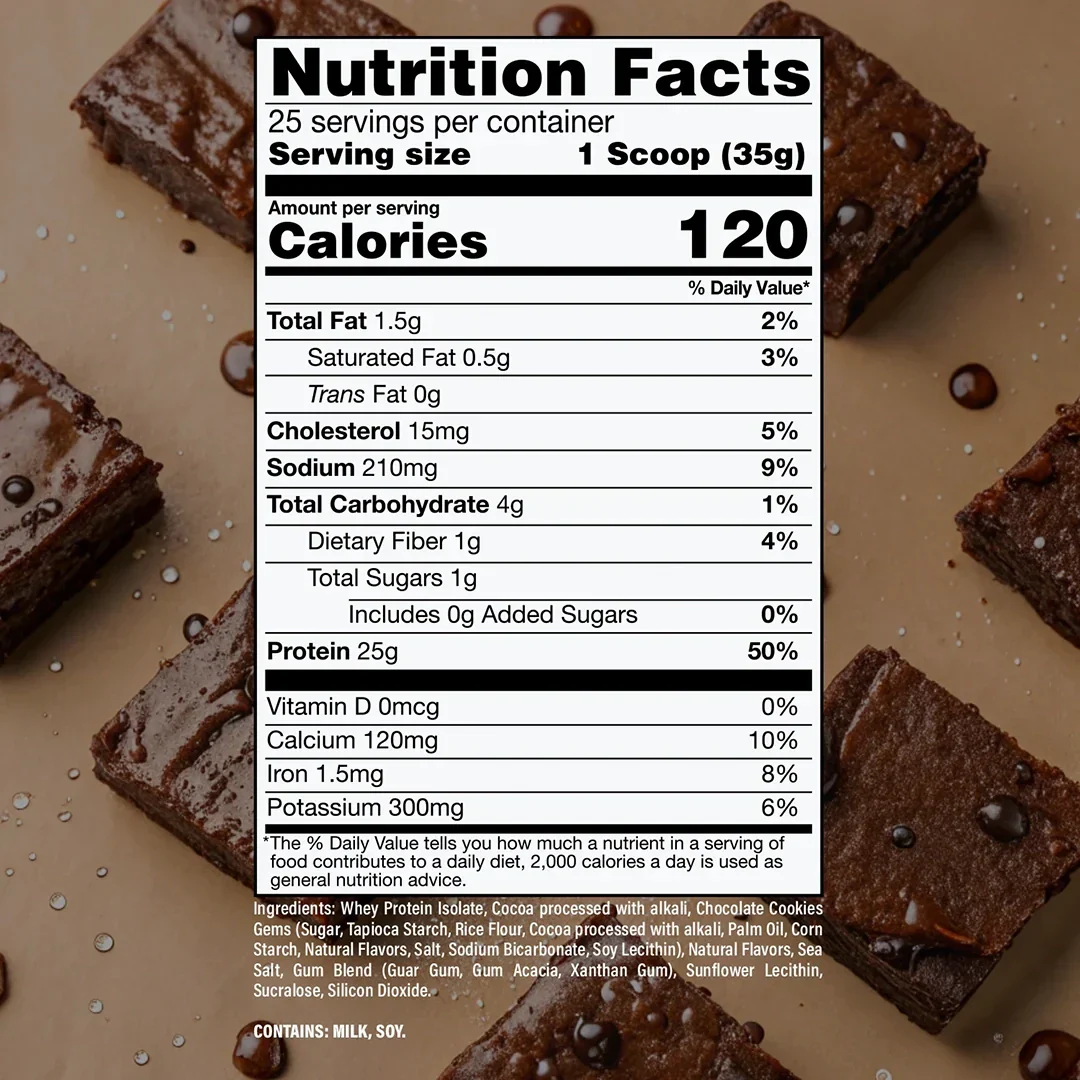 Nutrition label for BUM Itholate Protein, Fudge Brownie